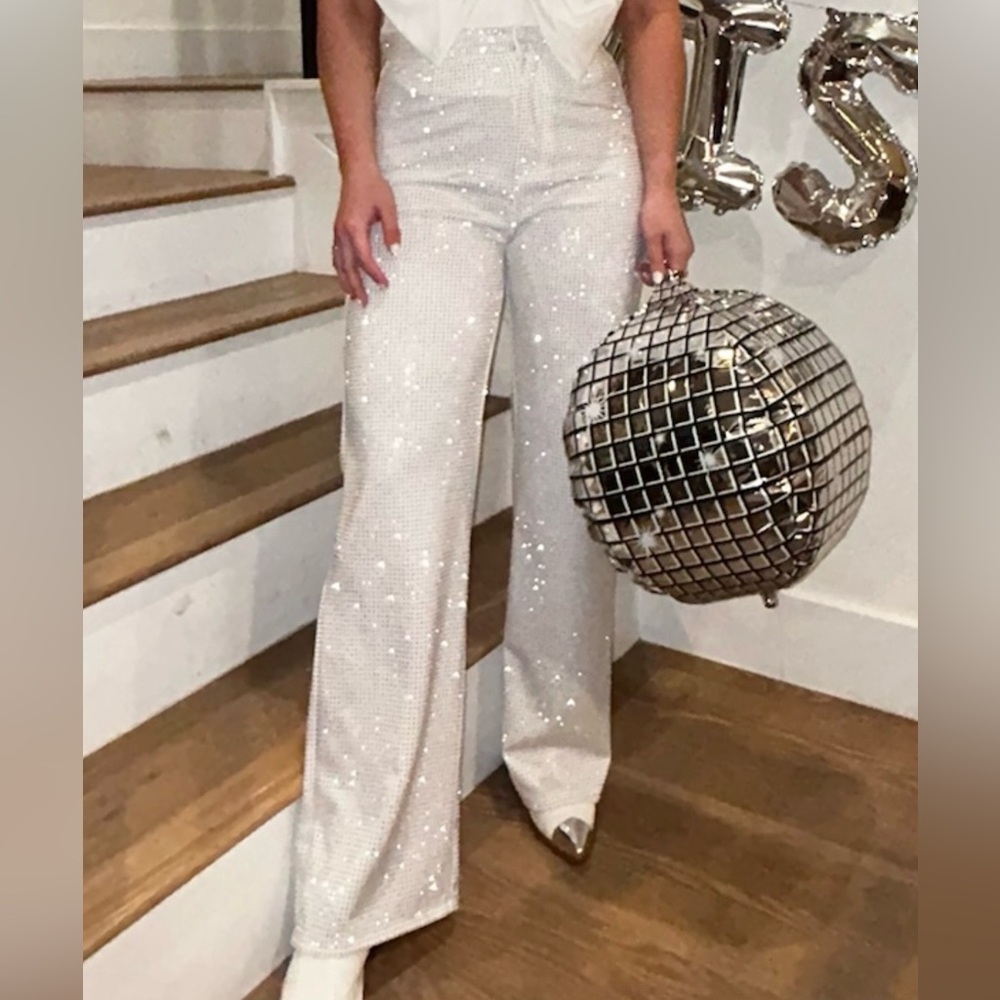 Pink Lily White Sequin Wide Leg Pants (S)